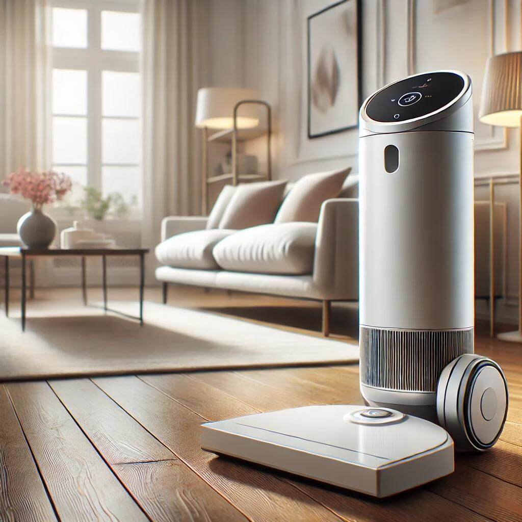 "Aspirateur connecté moderne sur un sol en bois dans un salon lumineux et élégant, représentant l'intégration des technologies intelligentes dans une maison contemporaine."