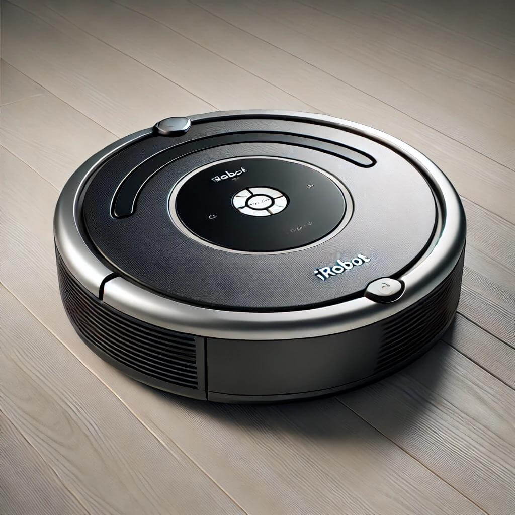 Aspirateur connecté iRobot Roomba i7 nettoyant un tapis dans un salon moderne.