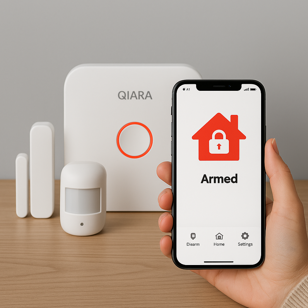 Application Qiara affichée sur smartphone avec alarme activée