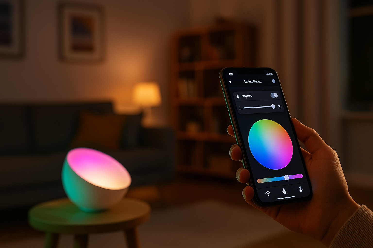 Ampoule connectée Philips Hue Go contrôlée par smartphone avec réglage des couleurs.
