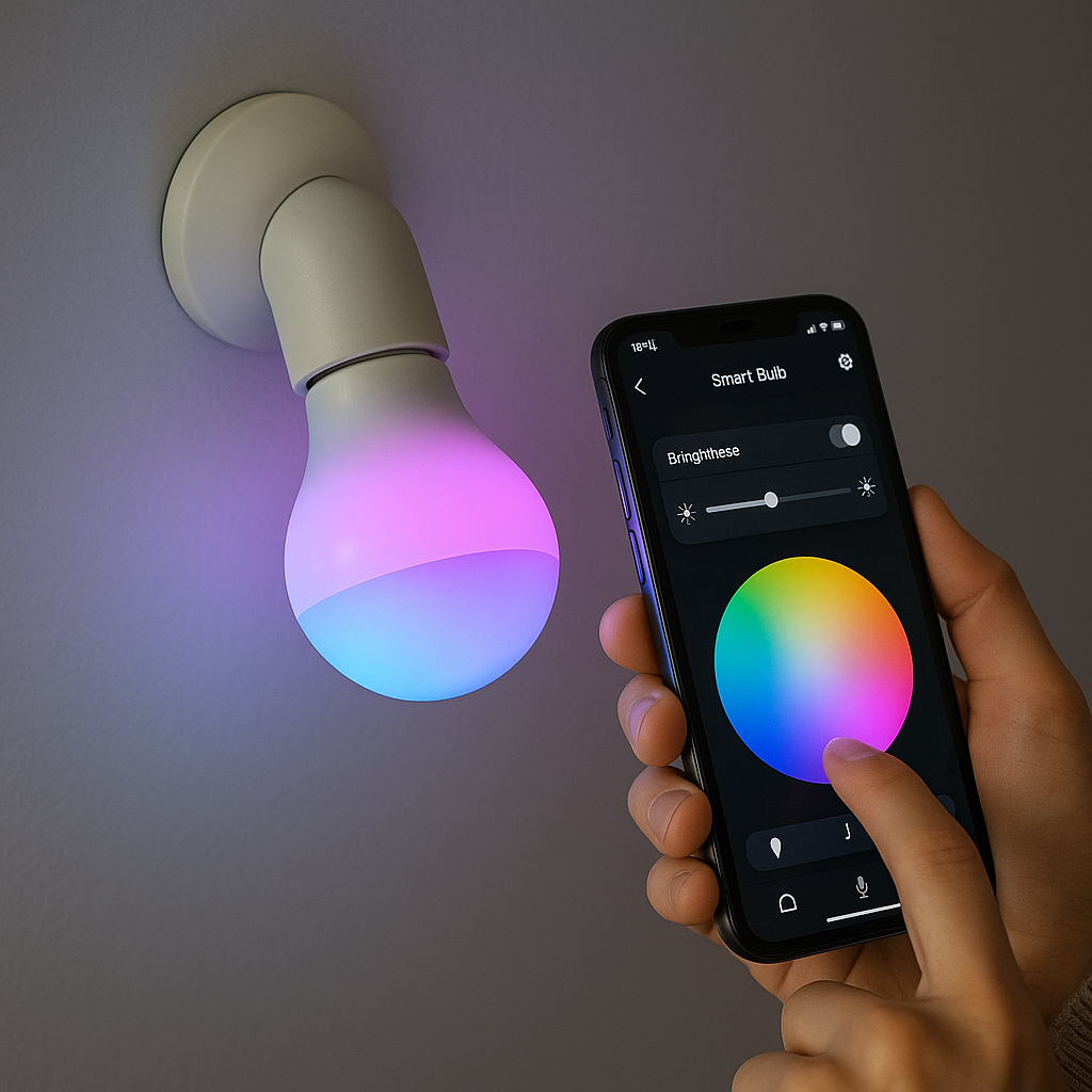 Ampoule connectée colorée réglée par une application mobile sur smartphone.