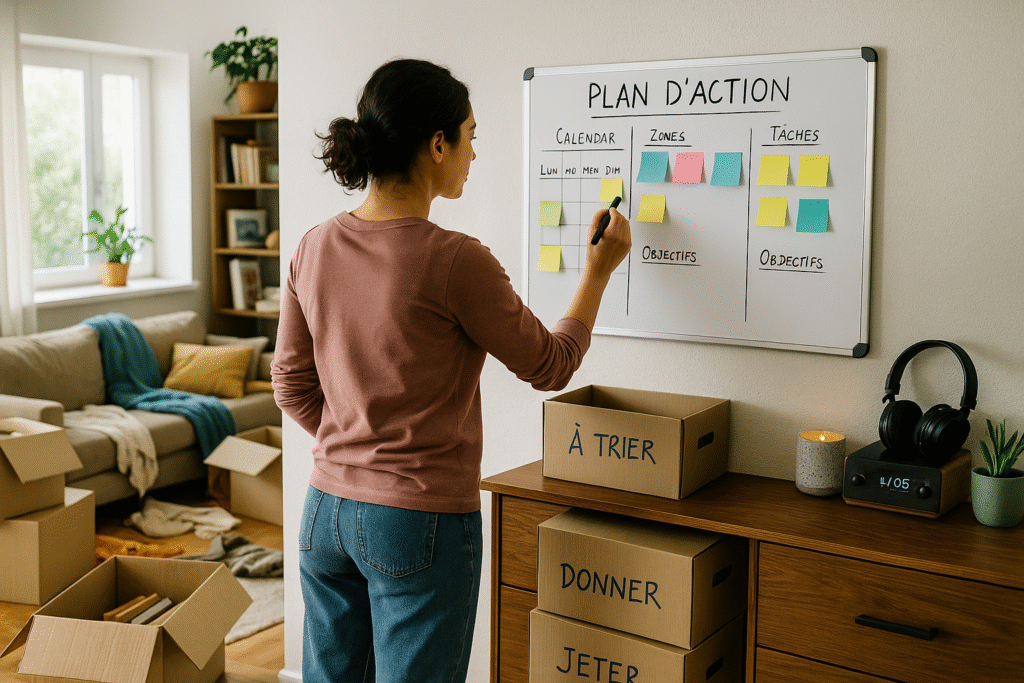 Femme préparant un plan d’action sur un tableau blanc pour organiser un nettoyage extrême avec cartons à trier, donner et jeter.