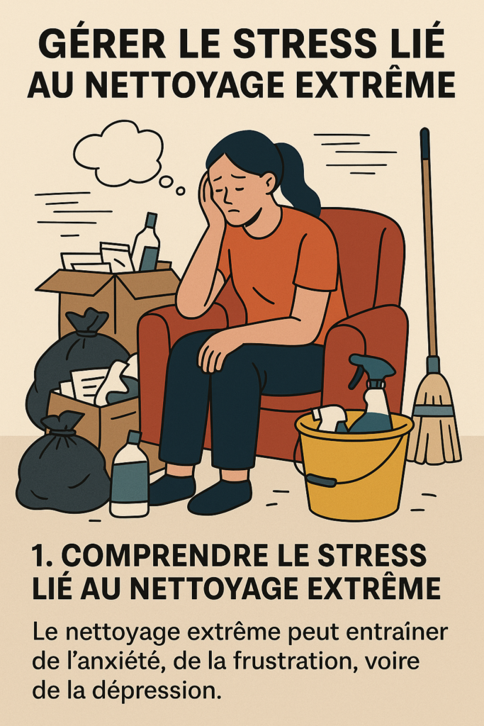 Illustration d’une femme assise dans une pièce encombrée, visiblement stressée par le nettoyage extrême, entourée de produits ménagers et de sacs poubelle.