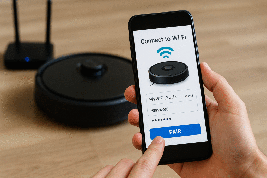 Aspirateur robot connecté en appairage Wi-Fi sur smartphone, réseau 2,4 GHz sélectionné près du routeur.