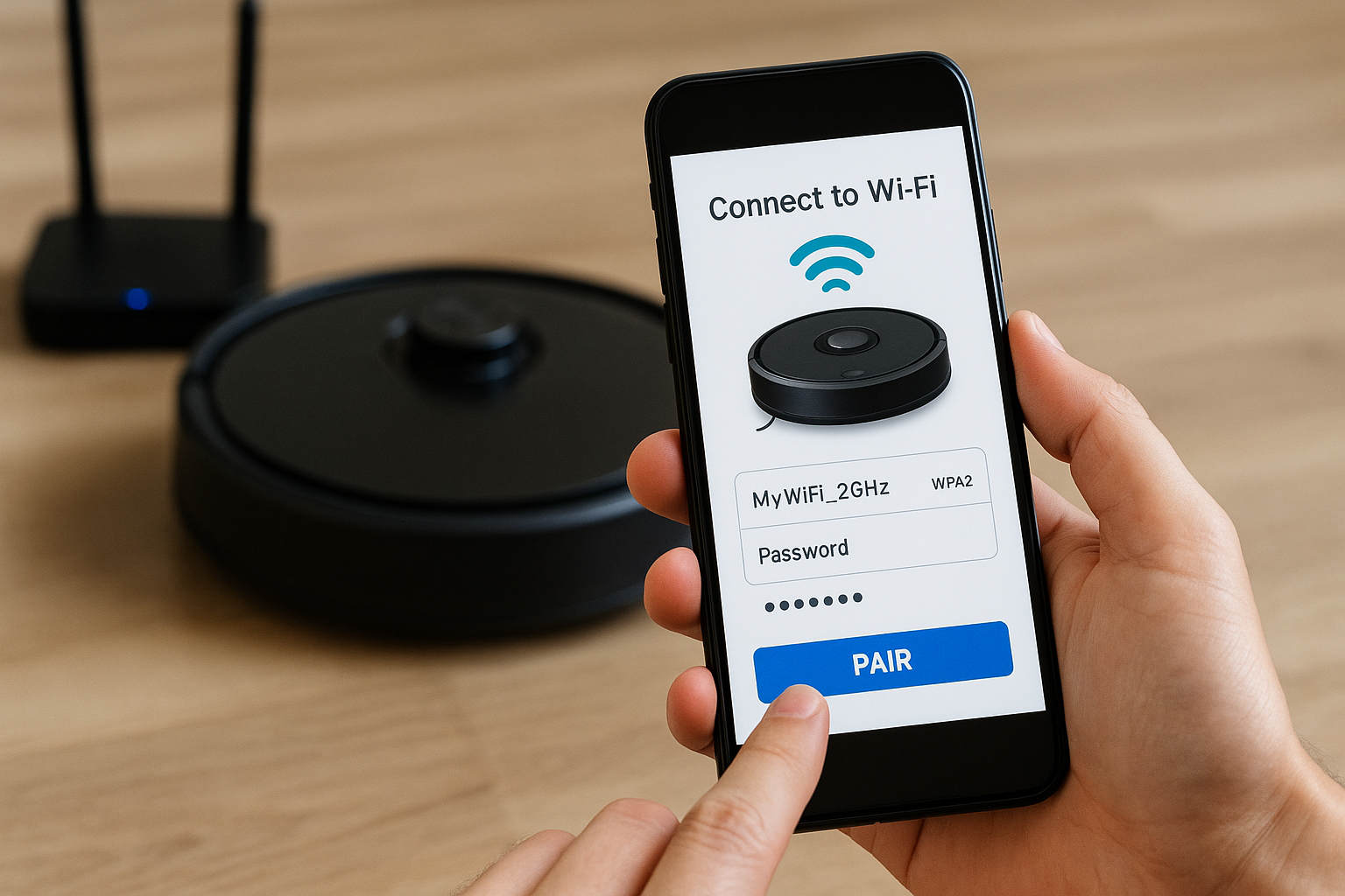 Aspirateur robot connecté en appairage Wi-Fi sur smartphone, réseau 2,4 GHz sélectionné près du routeur.