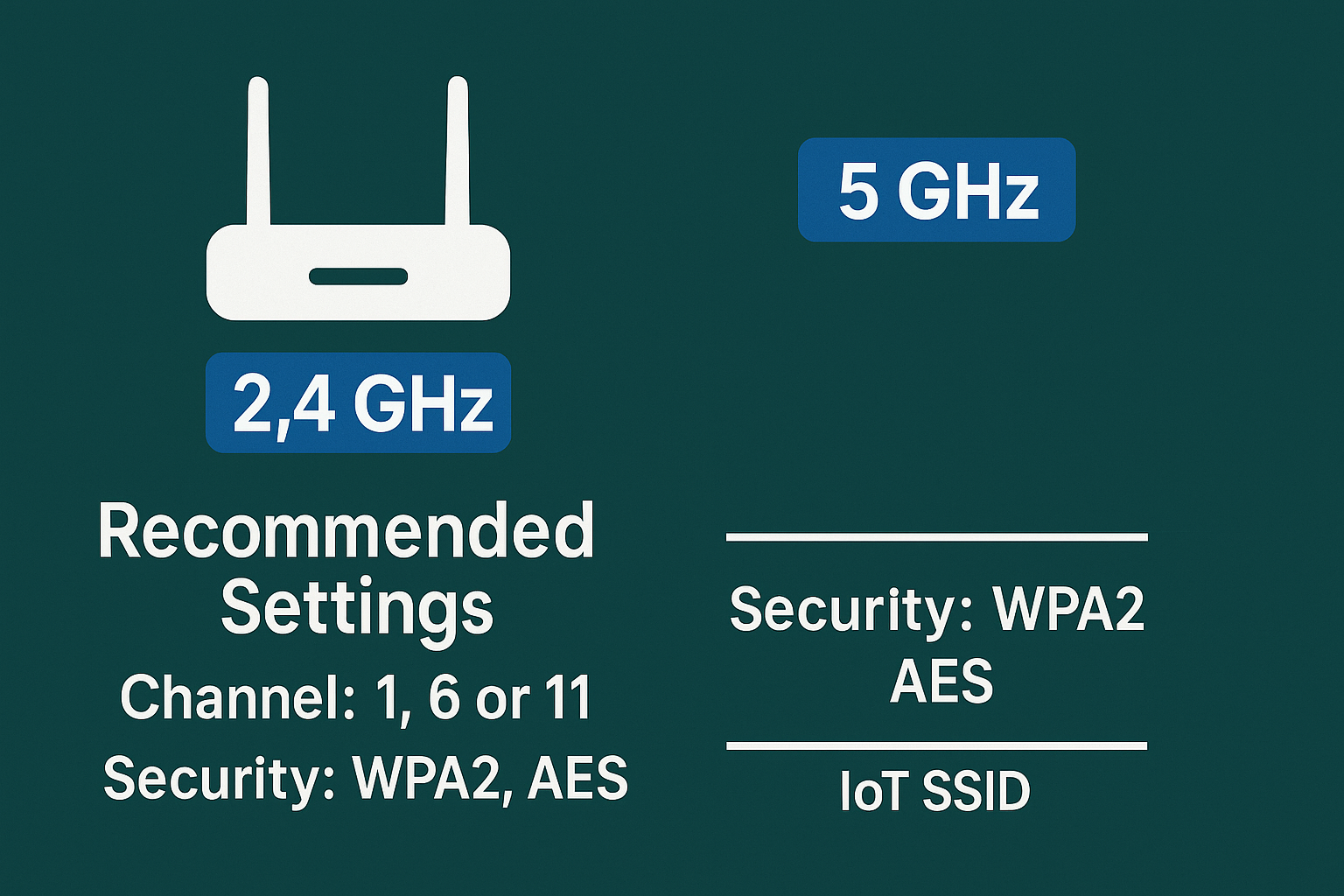 nfographie comparant 2,4 GHz et 5 GHz avec canaux 1/6/11 et sécurité WPA2-AES recommandés pour l’IoT.