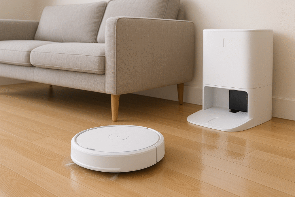 Aspirateur robot connecté blanc Roomba Plus 405 Combo avec base AutoWash, mode lavage actif