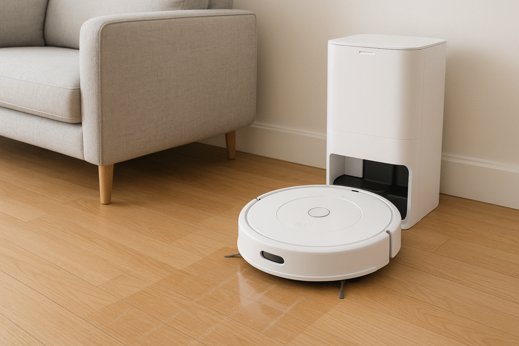 Aspirateur robot connecté Roomba Max 705 Combo proche de sa station, nettoyage sur sol mixte