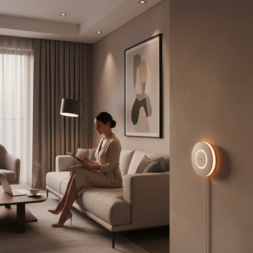 Gros plan du WiZ Dial Switch fixé à un mur texturé, anneaux lumineux bleus, avec plantes en premier plan