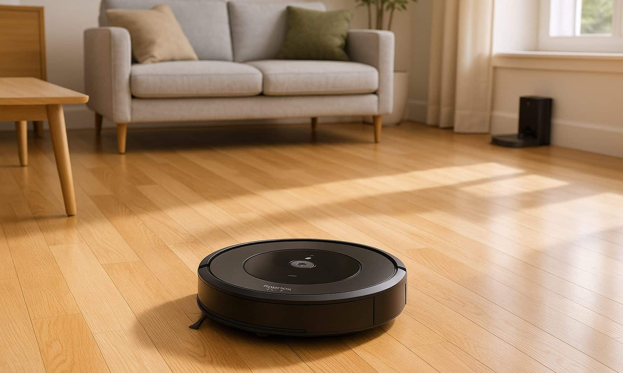 Aspirateur robot connecté Roomba Max 705 sur parquet clair, station de recharge en arrière-plan