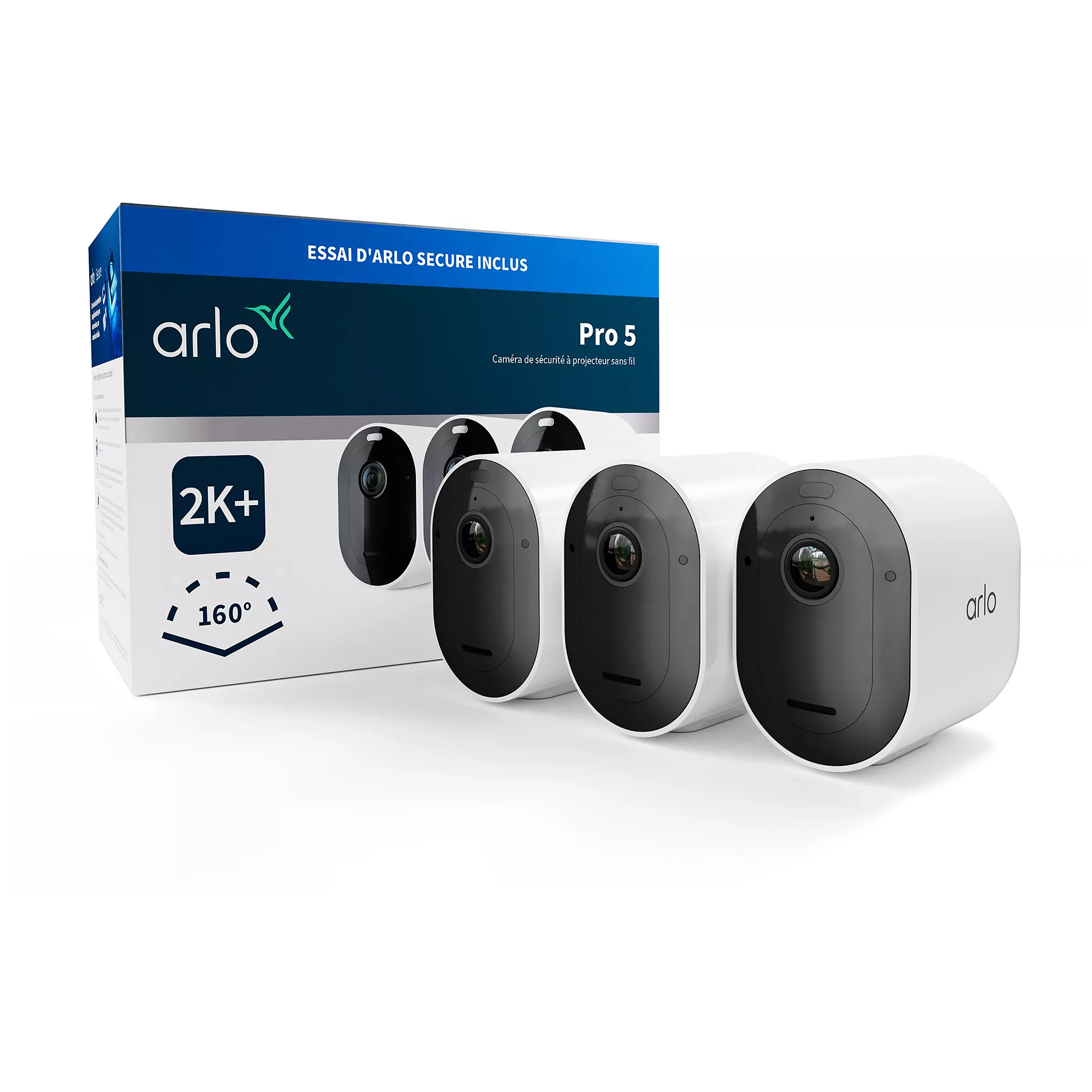 Ensemble de trois caméras de sécurité sans fil Arlo Pro 5, posées devant leur boîte d’emballage, affichant une résolution 2K+ et un angle de vue de 160°.