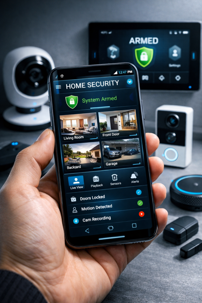 Application mobile affichant le flux vidéo d’une caméra de sécurité connectée, utilisée pour surveiller une maison à distance.