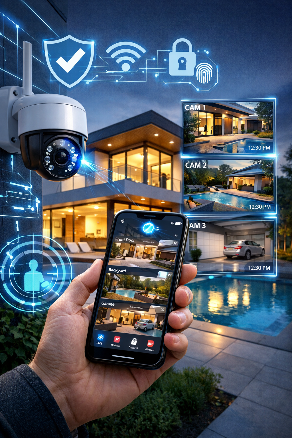 Caméra de surveillance connectée installée dans un salon moderne, permettant de surveiller la maison en temps réel depuis un smartphone.